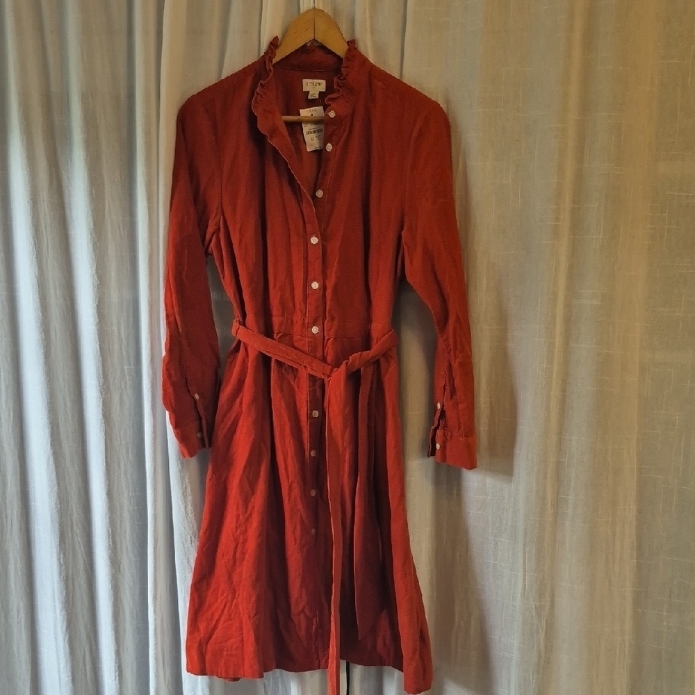 J. Crew Corduroy Women's Orange Collar Ruffles Button-Up Dress